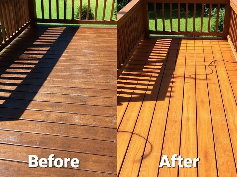 Wooden deck part way through a power washing